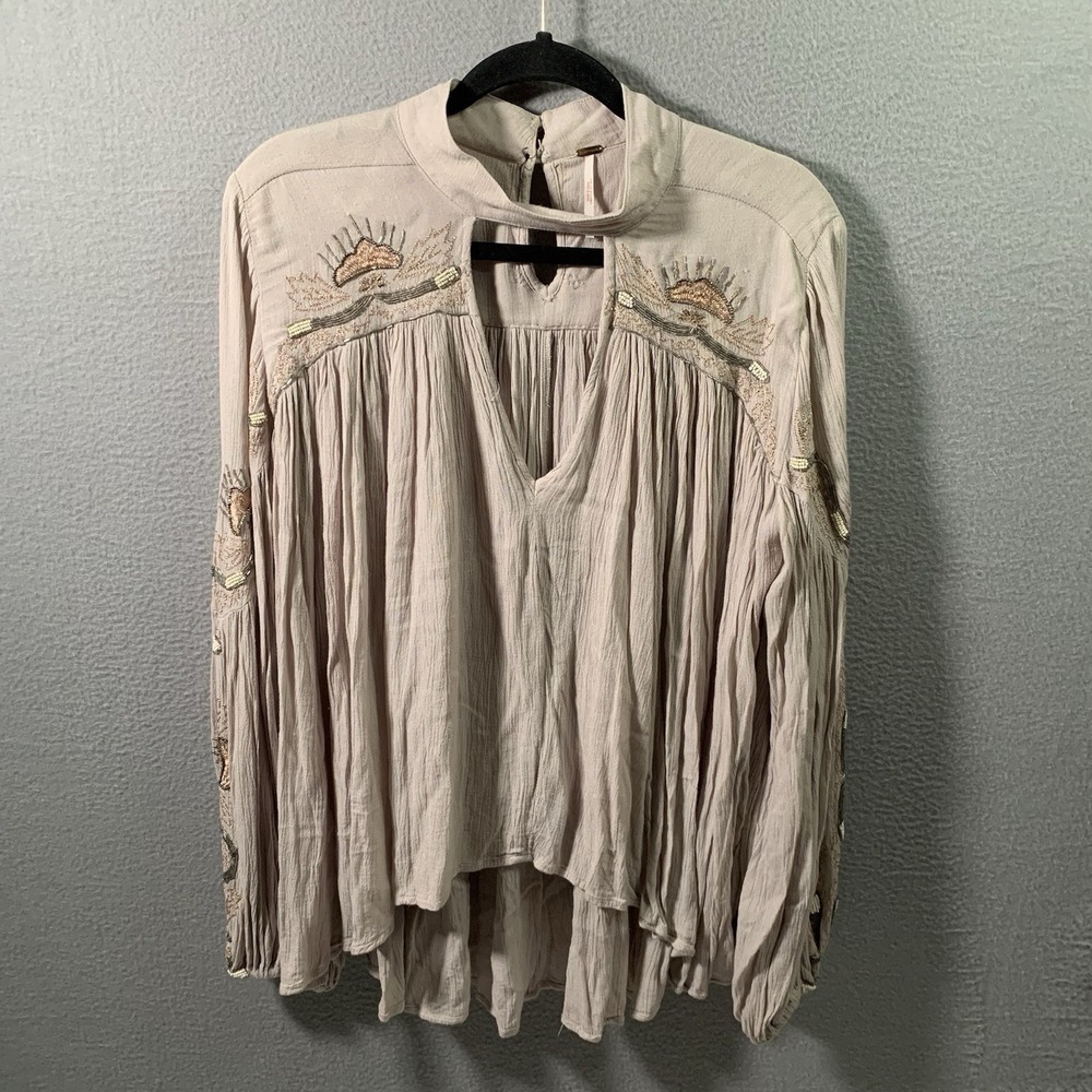 Free People Beige  Embroidered Beaded Tunic Blouse WOMENS M Medium Boho Festival
